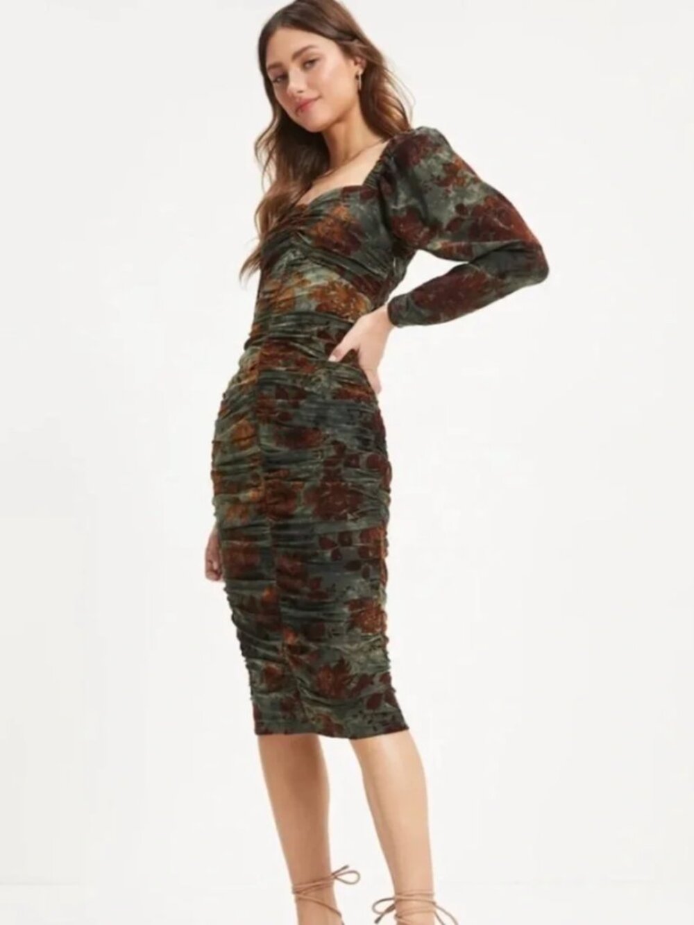 VICI For Your Love Velvet Floral Ruched Midi Dress Sage Size M